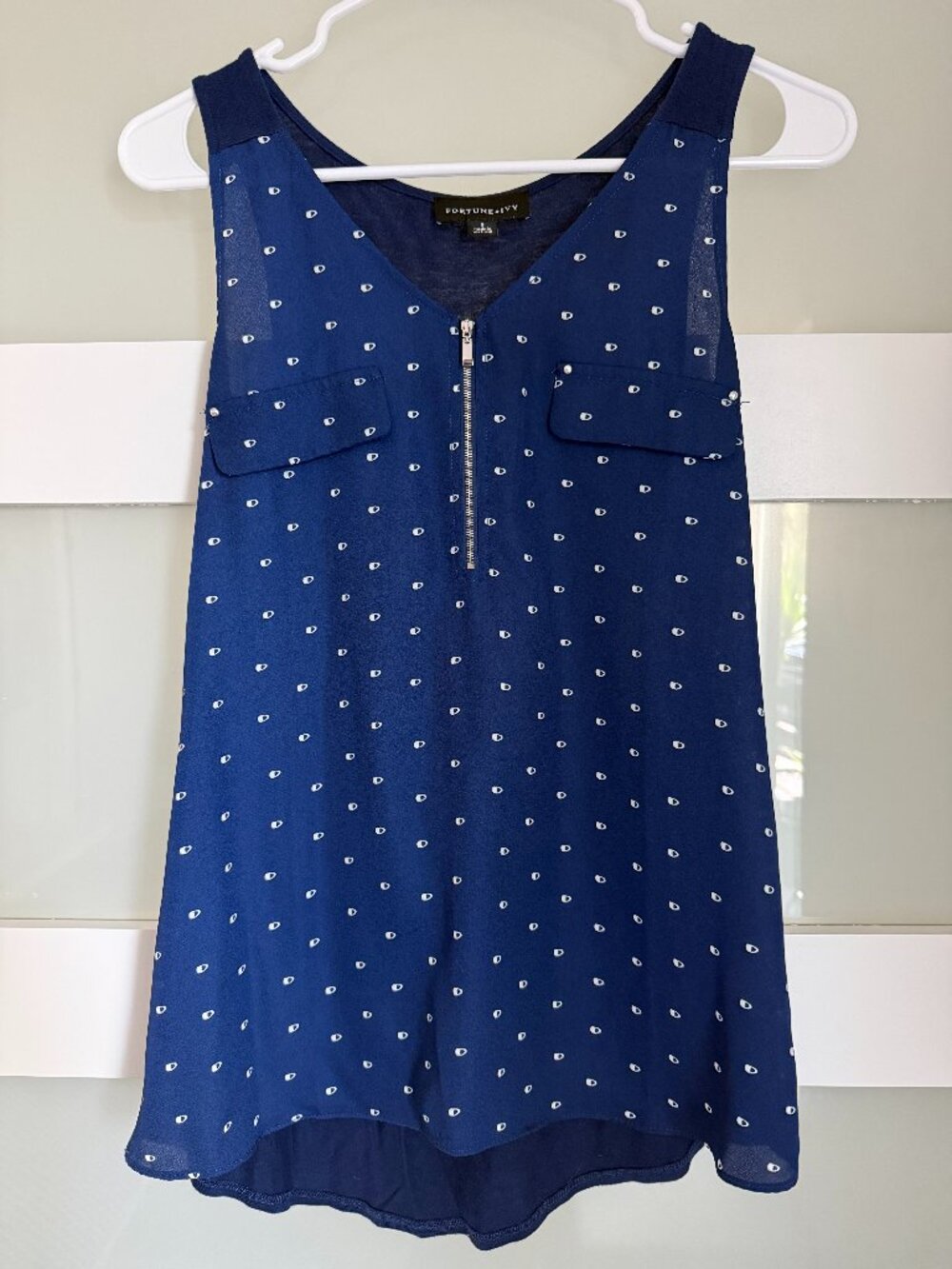 Fortune + Ivy Navy White Dot Zip Tank Top Sheer Pocket Sleeveless